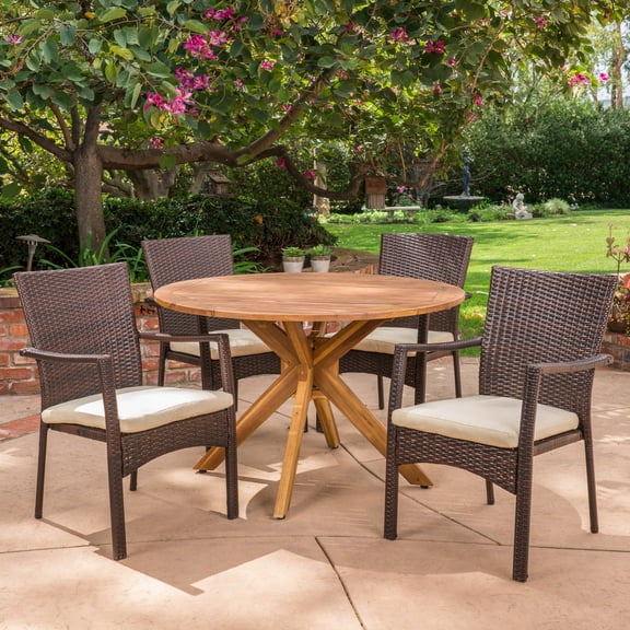 Anthony Outdoor 5 Piece Wicker Dining Set with Acacia Wood Circular Table and Cushions, Teak, Brown, Crème