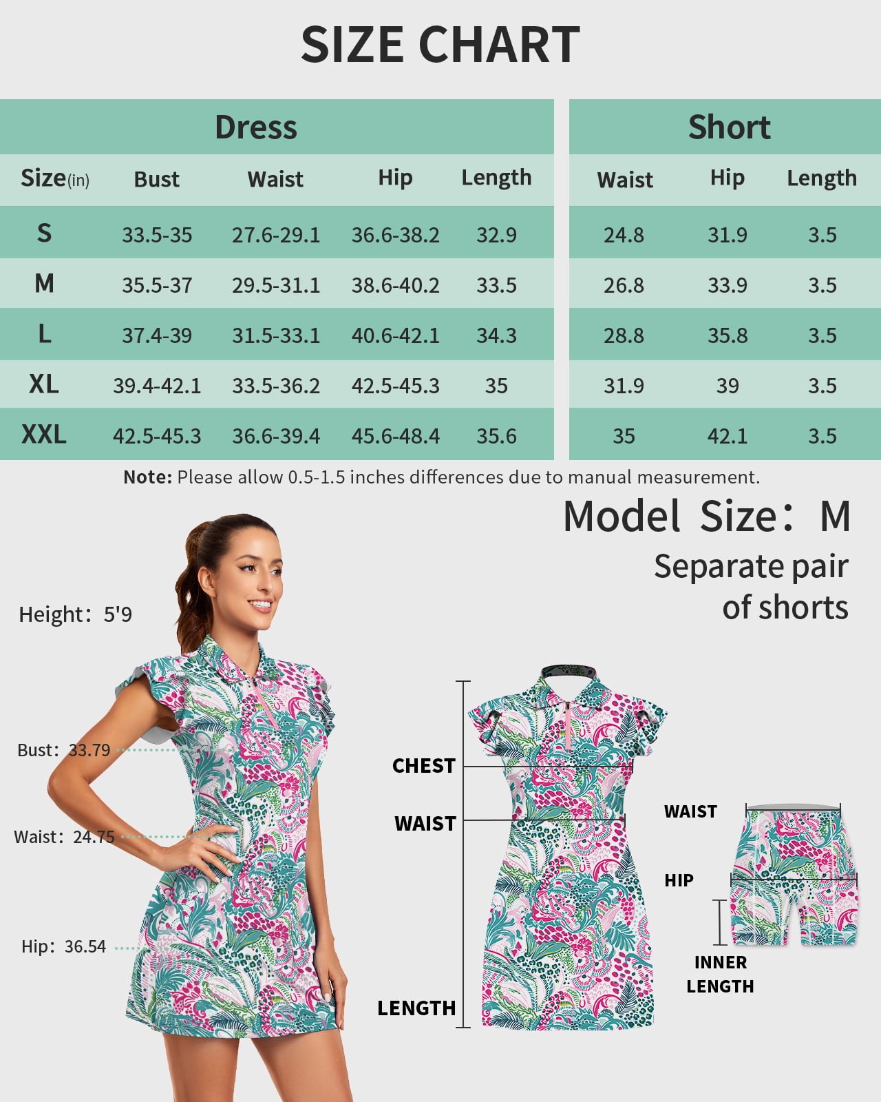 Women’s 1/4 Zip Tennis Dress Floral Ruffle Sleeve Golf Dress with Built-in Shorts and Pockets Athletic Outfit