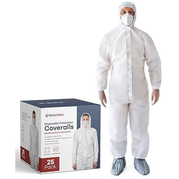 Medical Nation Disposable Hazmat Suit with Hood and Boots, 4XL, Heavy-Duty, Breathable & Water-Resistant Coverall, White, 25-Pack