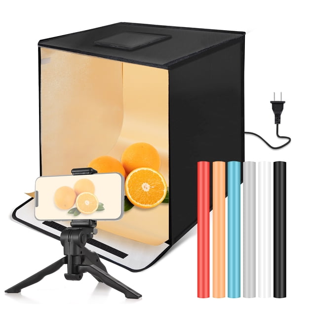 Tignapoo F60A 60cm Portable Foldable LED Photography Studio with Dual Color Temperature 3200K-5500K, 252 LEDs, CRI95, 6 Backdrops, 2 LED Strips, Softbox, Tripod & Phone Holder, Black, 100-240V US Plug