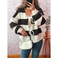 thumbnail image 4 of Women'S Loose Casual V-Neck Long-Sleeved Sweater Jacket Striped Contrast Lace-Up Knitted Cardigan Brown S, 4 of 8