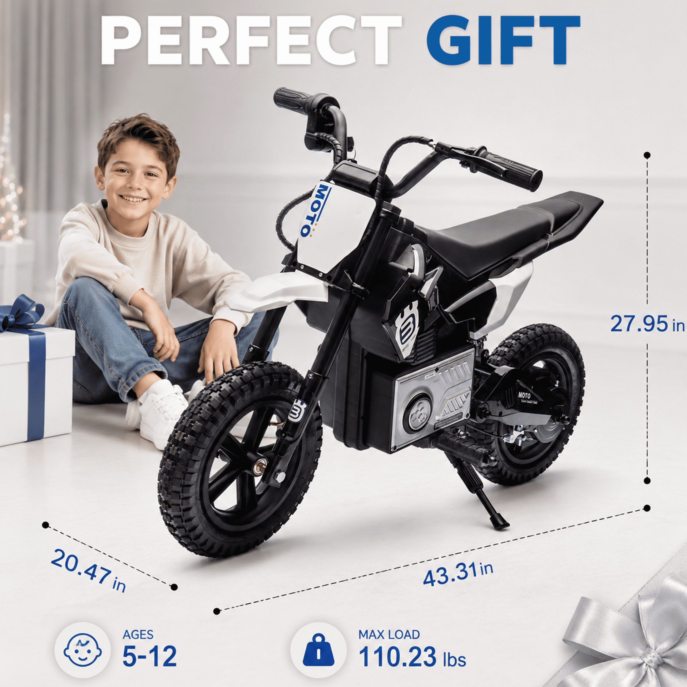24V Kids Electric Motocross Motorcycle with Bluetooth Music - 200W Power, Rear Shock Absorber, LED Breathing Lights, Adjustable Speed up to 9.32 MPH - Powered Ride On Toy for Boys Girls Ages 5-15
