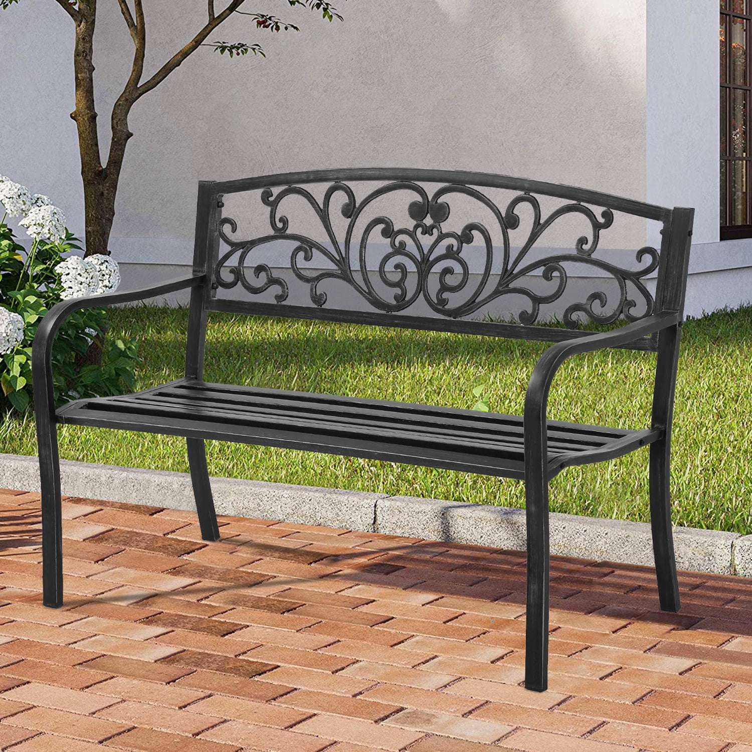 Outdoor Garden Bench Patio Bench with Back and Cast Iron Armrest, 50