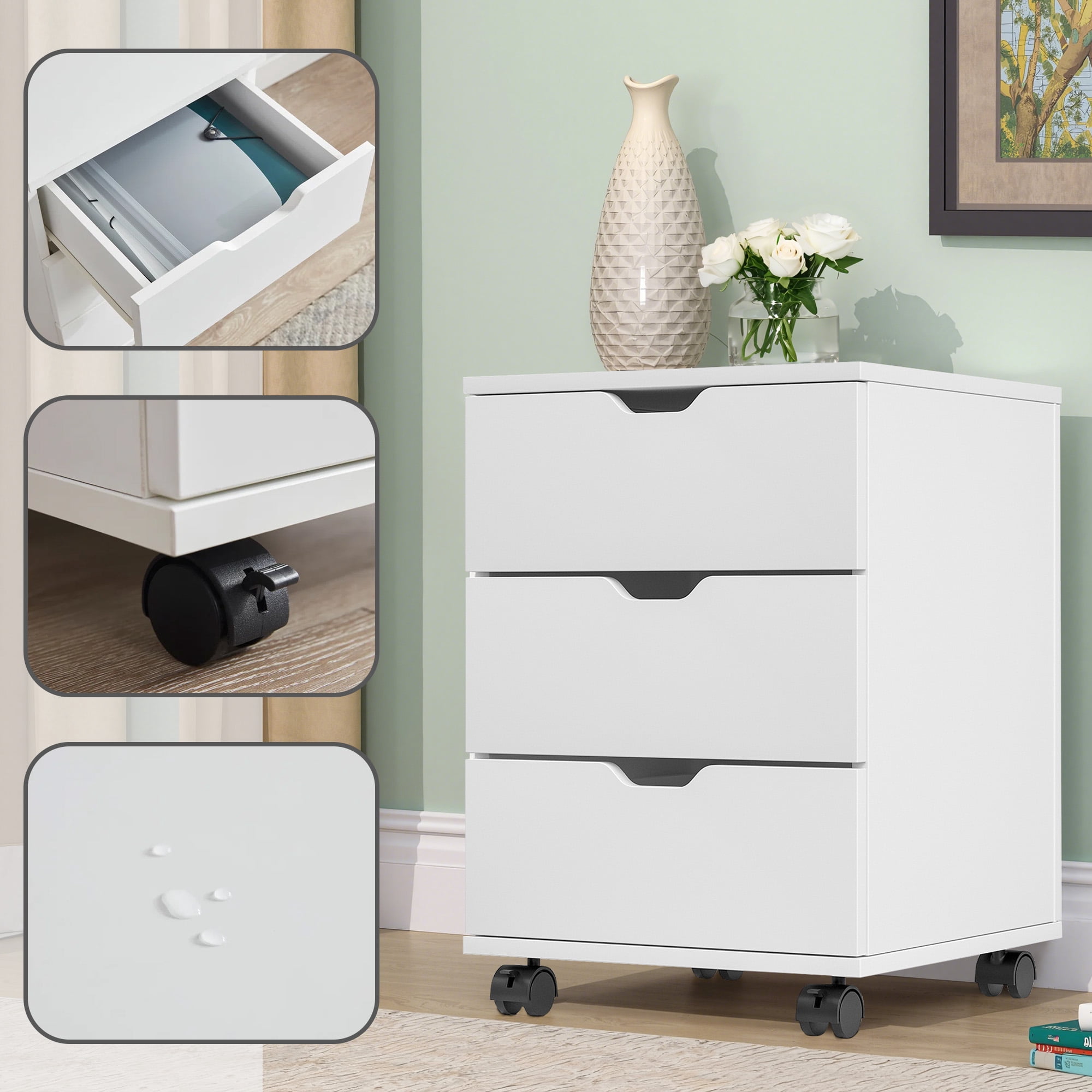 MAYEERTY 3-Drawer Vertical Wood Filing Cabinet with Casters for Home Office, White, Non-Assembled