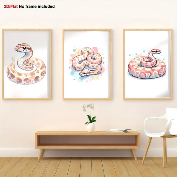 3pcs Snake Wall Art Set - Pastel Pink, Brown, White, Blue, Green, Beige Minimalist posters - Frameless Canvas Prints for Room, Living Room, - Modern Bohemian Home Decor - Snake Lovers Gift for Birth