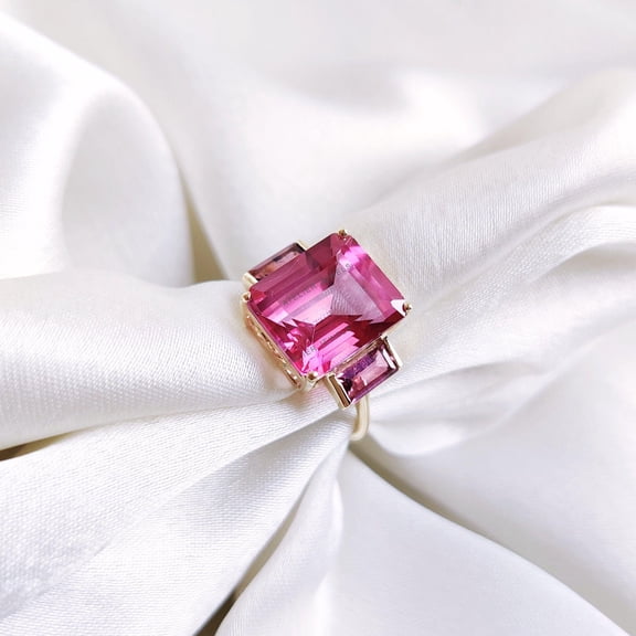 Natural Pink Topaz & Pink Tourmaline Ring, 14K Solid Yellow Gold Ring, September Birthstone Ring, Topaz Engagement Ring, Tourmaline Jewelry