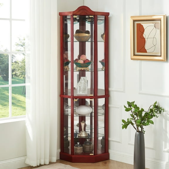 Glass Curio Cabinet With Lighting, Cherry Finish, Adjustable Storage, Elegant Carvings Corner Lighted Glass, Shelves In Accent