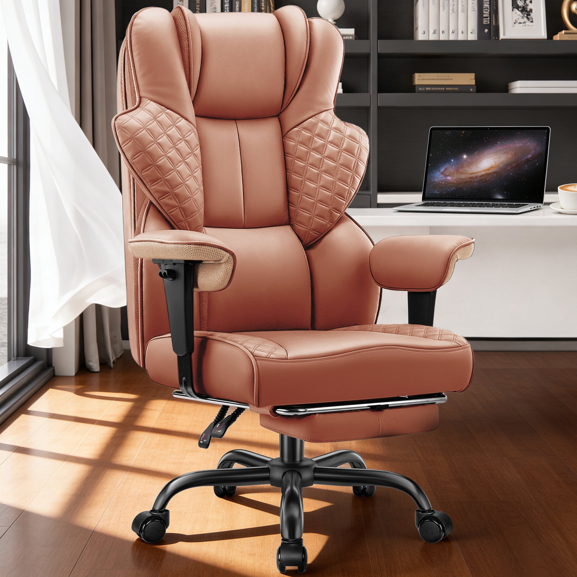 COOLHUT Big and Tall Office Chair 500lbs, Heavy Duty Ergonomic Office Desk Chair with Deluxe Embossing PU Leather with Footrest, Executive Gaming Chair with Lumbar Support, Brown