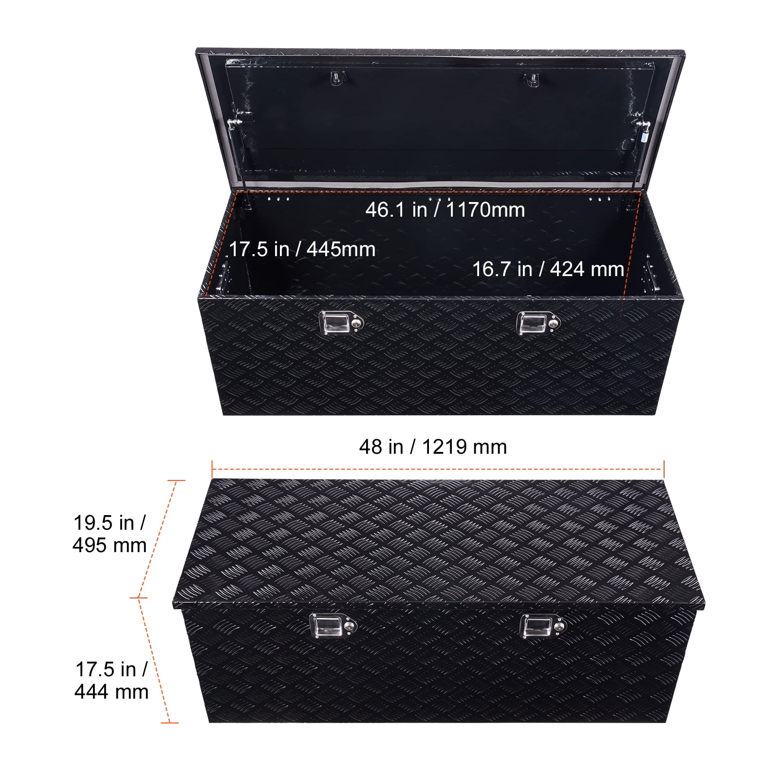 VEVOR Heavy Duty Aluminum Truck Bed Tool Box, Stripes Plated Tool Box with Side Handle and Locks Keys, Storage Toolbox Chest Organizer for Trailer, Pickup, Truck Bed, RV, 48"x19.5"x17.5", Black