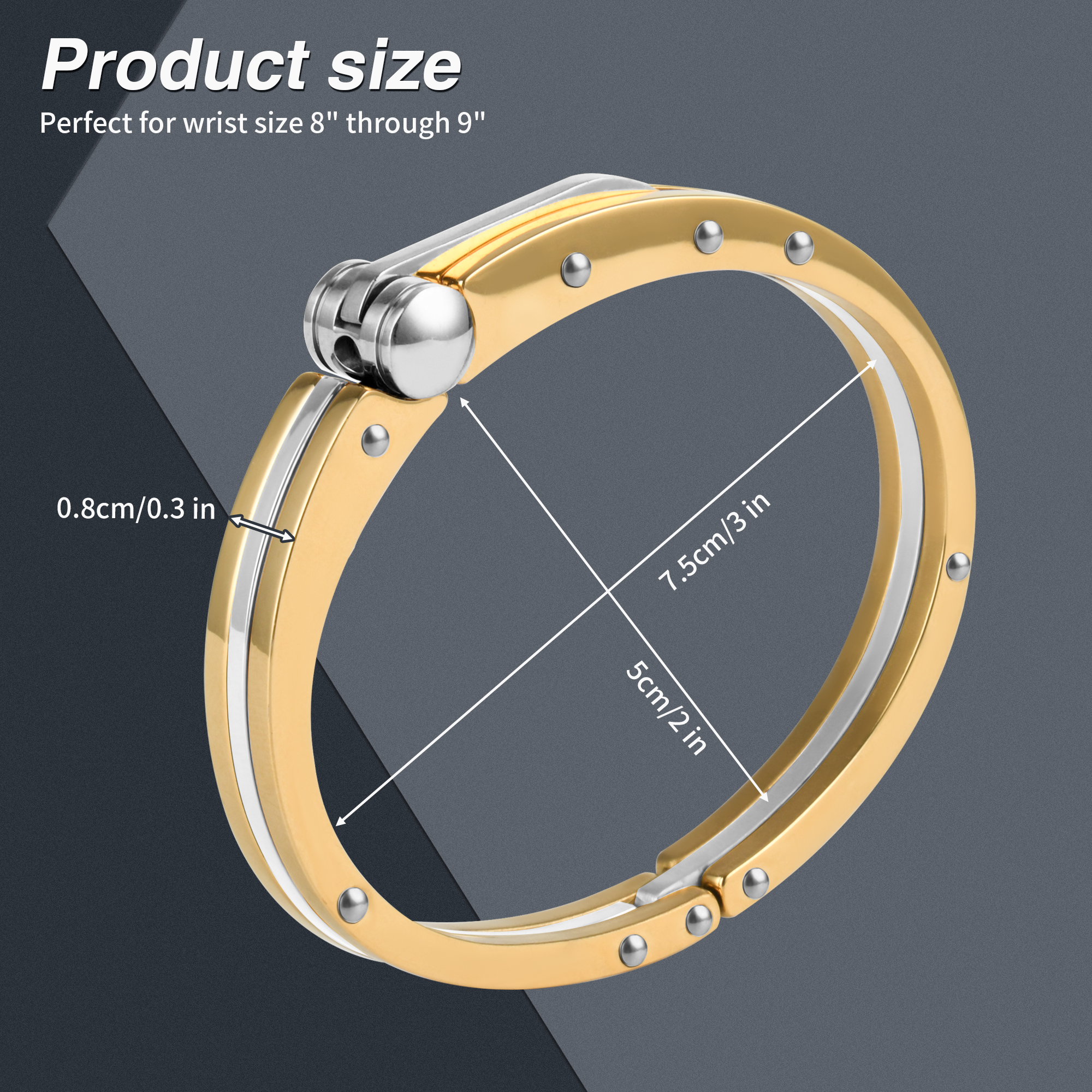My Daily Styles Men’s Stainless Steel Handcuff Bracelet – Two-Tone Or Solid Color, Durable Cable Link, Adjustable Fit 8"-9" Wrist, Modern Fashion Jewelry for Men (Steel-Gold)