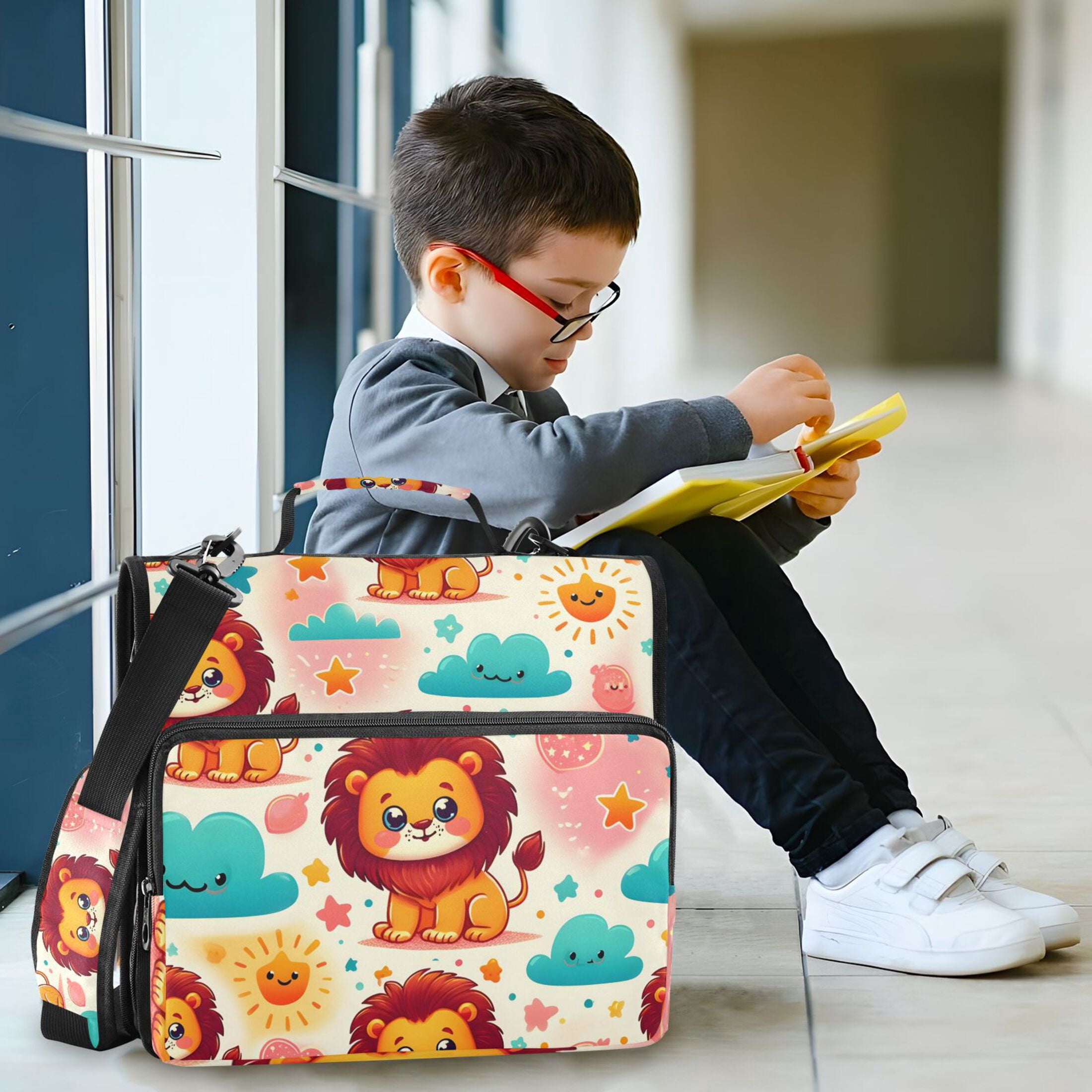 3 Ring Zipper Binder with Shoulder Strap Waterproof Trapper Keeper 2 Inch D-Ring 500 Sheets Capacity Cute Lion Sun Cloud