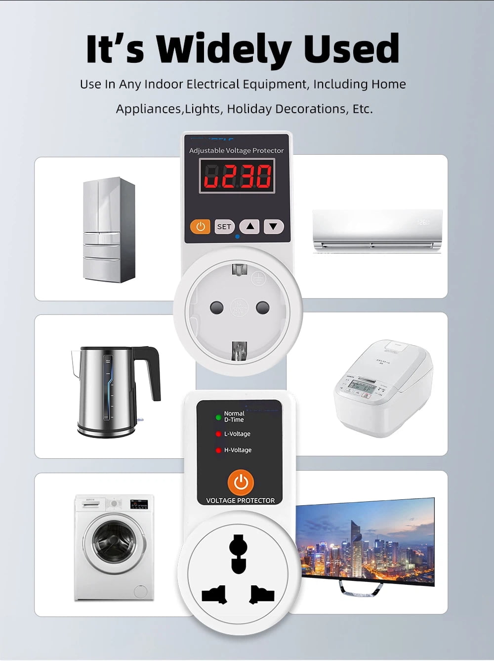 Automatic Voltage Protector Socket Adjustable Power Surge Protector Universal/US/EU/UK Plug Voltage Safe Protection Device AC 220V 16A