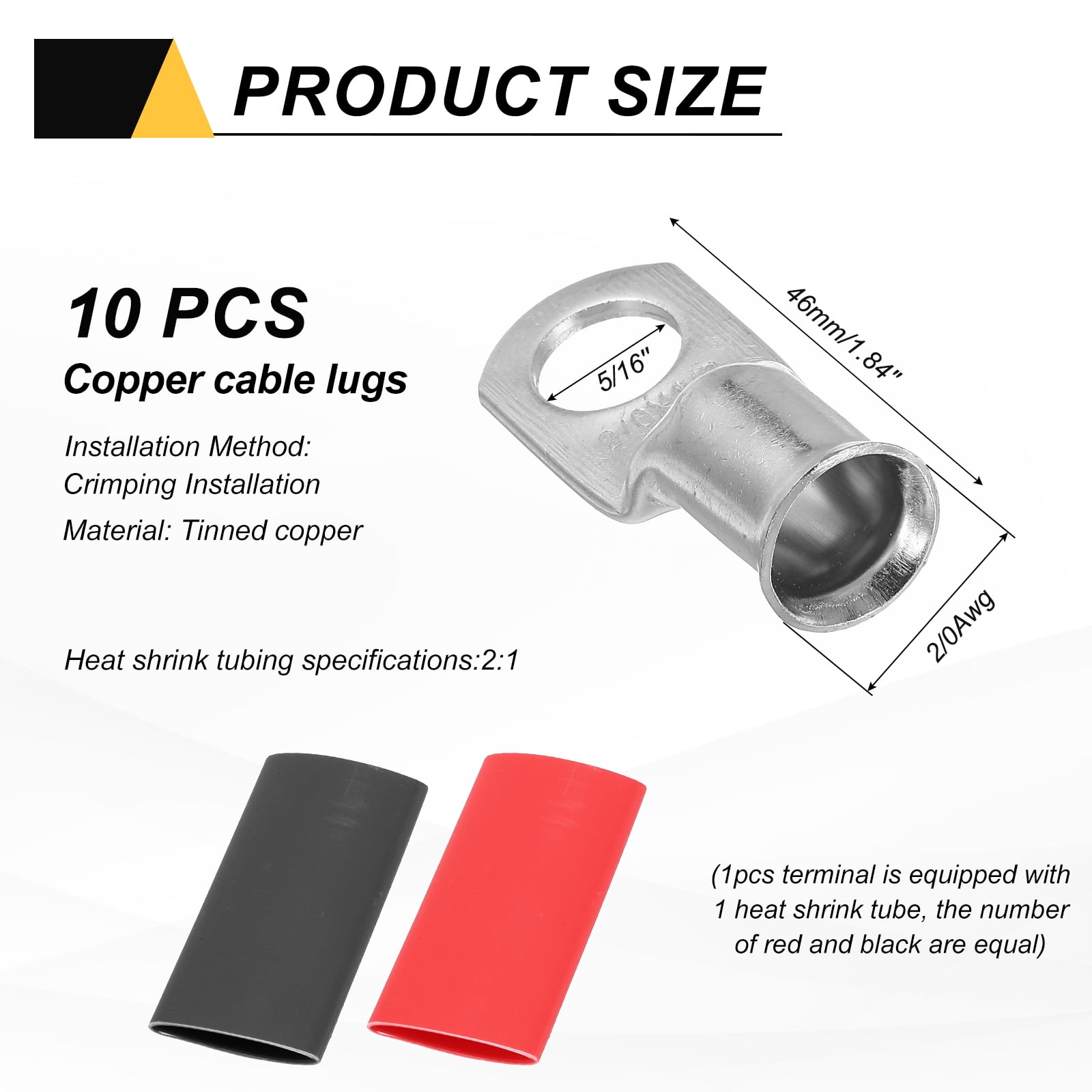 10pcs 1/0 AWG M8 Battery Lugs Ring Terminal, 5/16" 8mm Stud Crimp Wire Terminal Connector End Copper, 2:1 Heat Shrink Tubing, Silver
