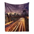 thumbnail image 1 of City Soft Flannel Fleece Blanket, Brooklyn Bridge at Night Car Traffic in New York United States Transport, Cozy Plush for Indoor and Outdoor Use, 70" x 90", Lilac Dark Orange Yellow, by Ambesonne, 1 of 6