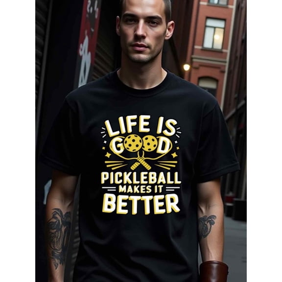 Greenink natee Life Is Good: Pickleball Makes It Better, 100% Cotton Fabric,Crew Neck,Regular Fit,Weekend Casual Wear,180gsm Family Friends Christian festival Thanksgiving Day, Men'
