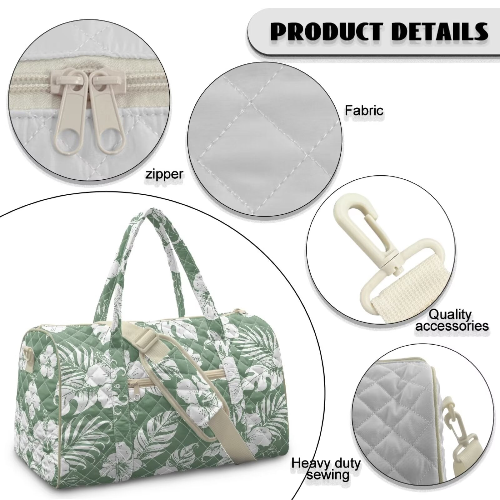 Garronmavis Large Sage Green Tropical Floral Quilted Duffle Bag for Women, Weekender Travel Bag Carry On Tote with Zipper Pockets for Gym, Overnight Trips & Dance