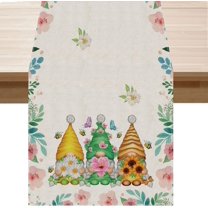 Gnome Watercolor Flowers Spring Table Runner Summer Seasons Burlap Table Decoration for Home Kitchen Dining Dinner Indoor Holiday Farmhouse Decor 13x72 Inch