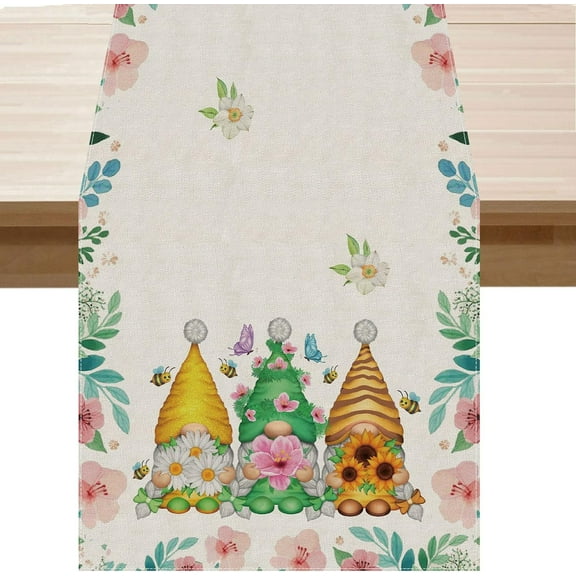 Gnome Watercolor Flowers Spring Table Runner Summer Seasons Burlap Table Decoration for Home Kitchen Dining Dinner Indoor Holiday Farmhouse Decor 13x72 Inch
