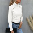 thumbnail image 3 of Camisa de manga larga con cuello alto para mujer, corte ajustado, Color sólido, ribete de botones, cuello alto, manga larga, Top acanalado, blanco L, 3 of 6