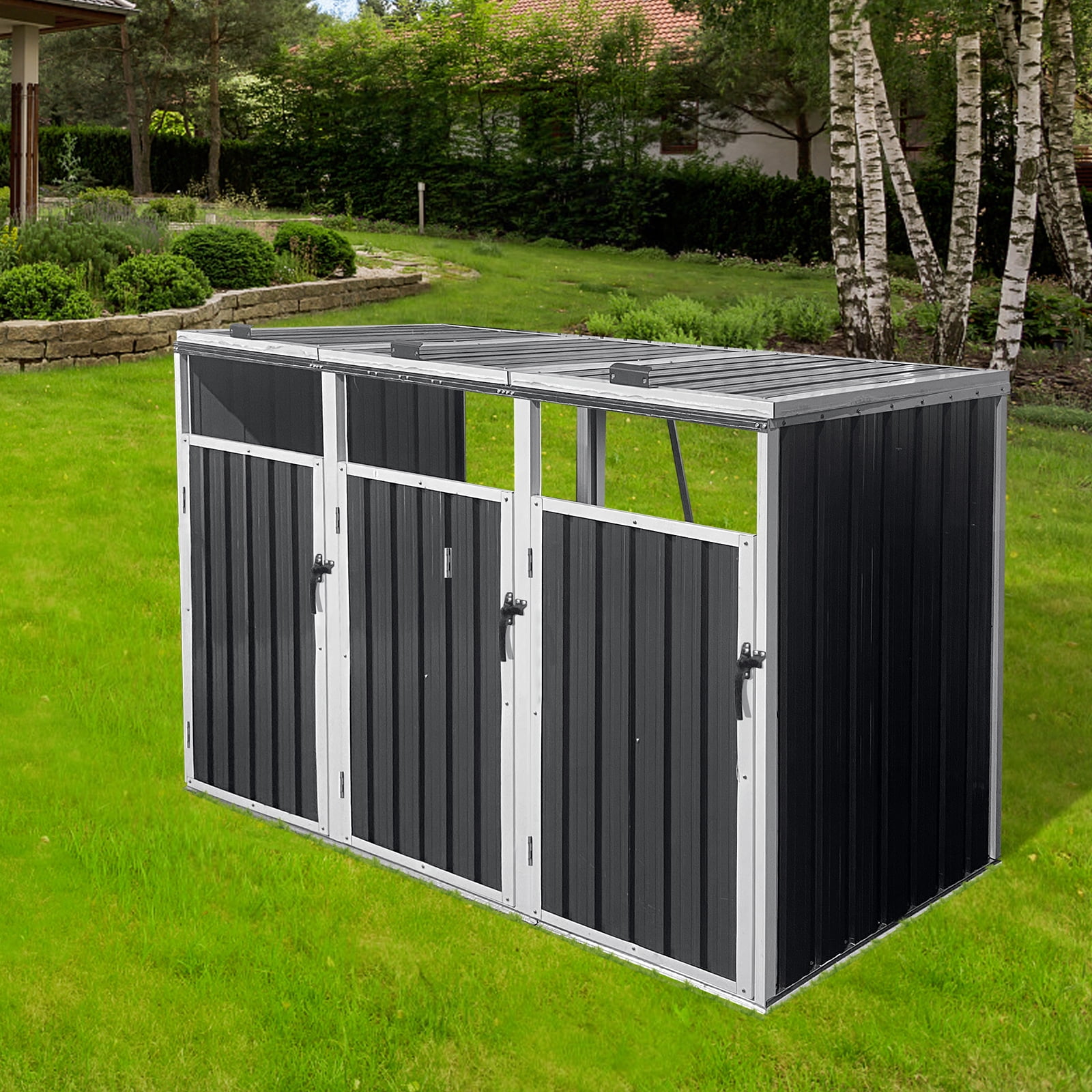 Royard Oaktree 3-Trash Can Metal Garbage Bin Shed - Outdoor Galvanized Steel Storage Shed with Lockable Lid & Ventilated Design for Garden, Yard, Pool Area, Dark Grey
