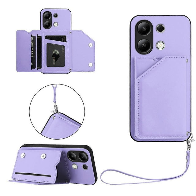 For Xiaomi Redmi Note 13 4G Case Card Holder Kickstand Skin-Touch Phone Cover with Wrist Strap - Lig