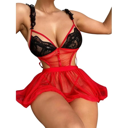 

Skksst Womens Valentine Lingerie Nightwear Bralete Lace Bodysuit Babydoll Nightdress Sleepwear