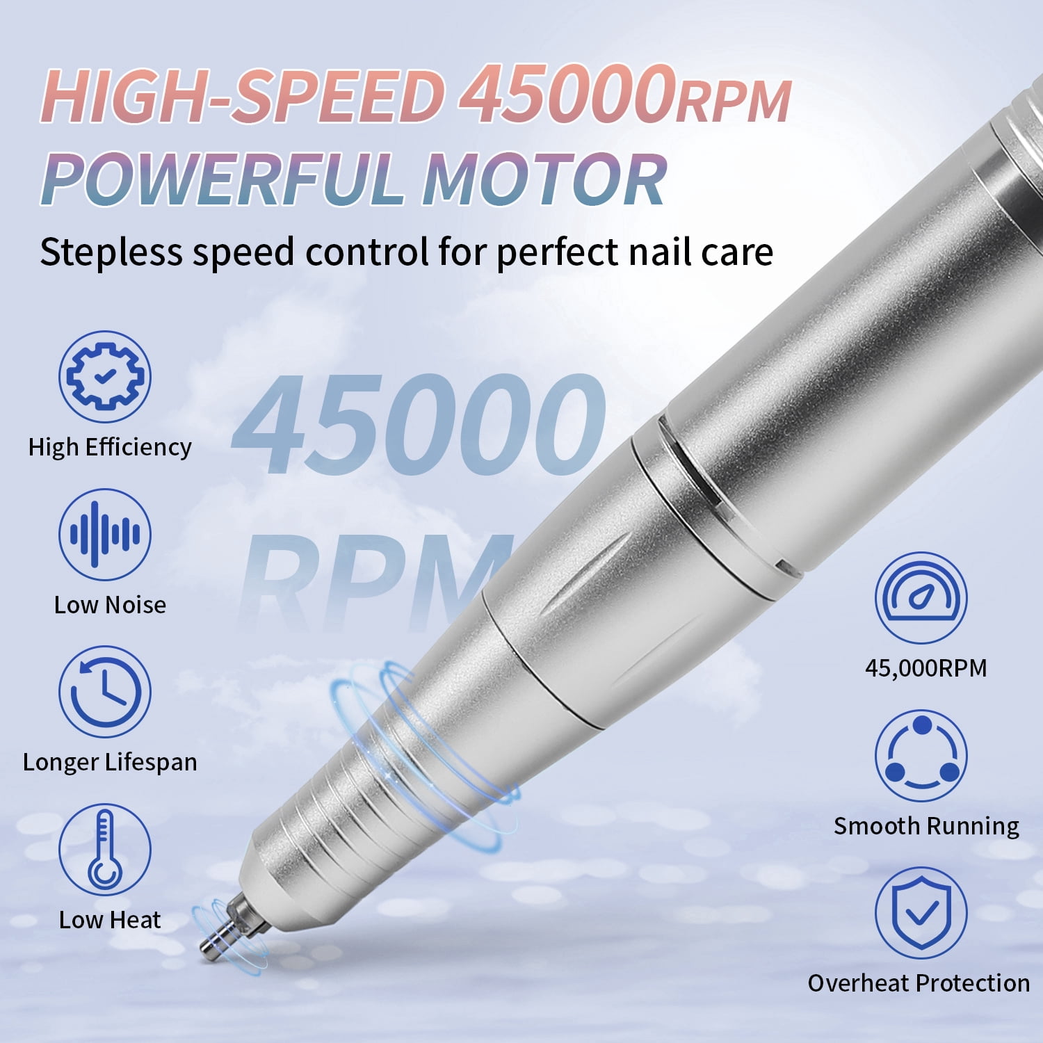 Professional 45000RPM Nail Drill Machine for Acrylic & Gel Nails, Rechargeable Electric Nail File with LCD Display, Low Noise, Portable E-File Tool
