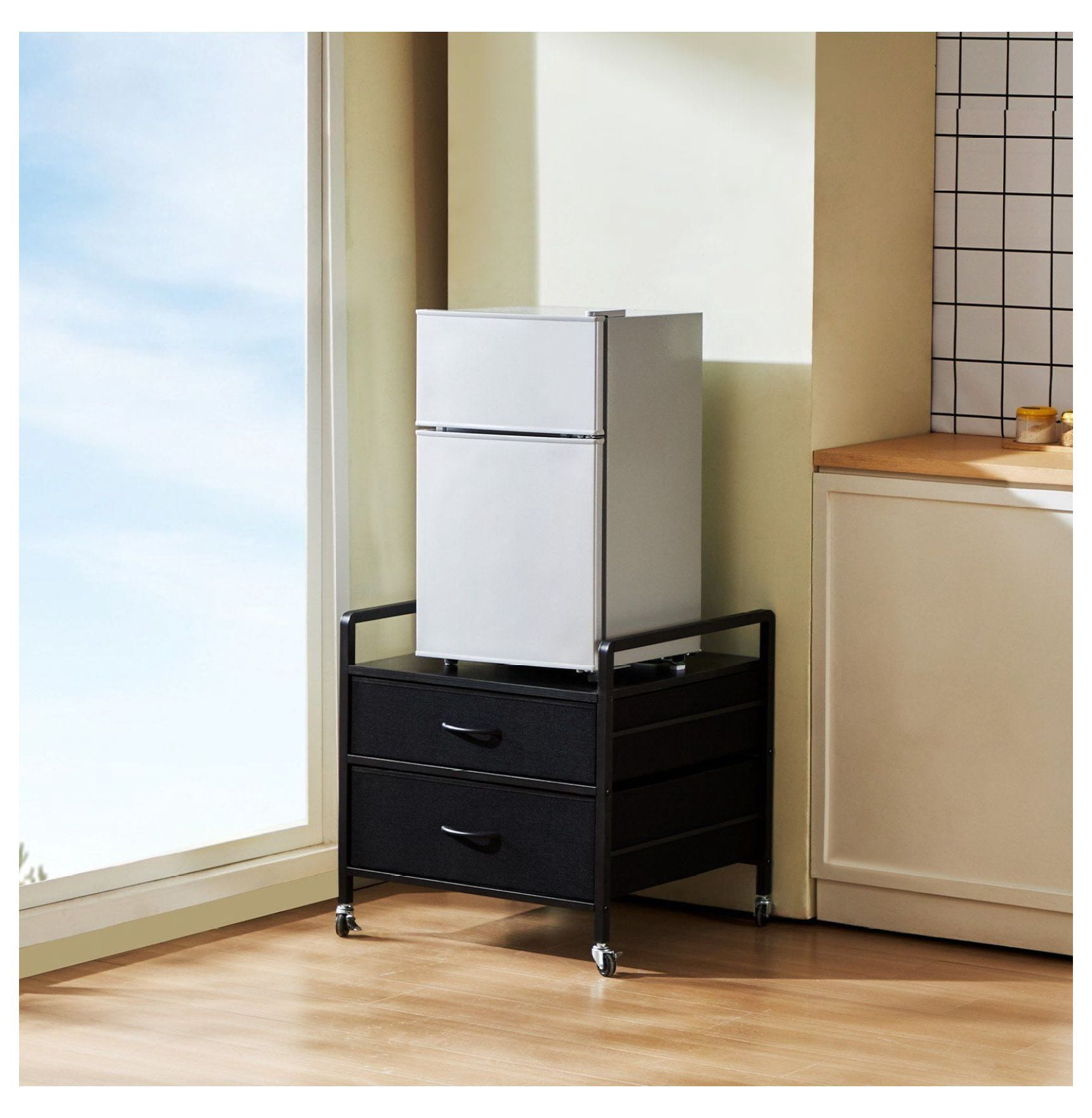 Mini Fridge Stand with Storage, 176 lb Capacity, 2 Drawers & Wheels - Black Organizer for Dorm, Apartment, Office - Mobile Mini Fridge Table