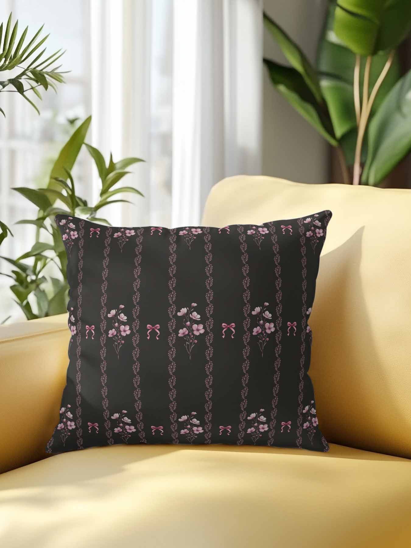 1 Pack Outdoor Throw Pillow, Spring Floral Waterproof Pillow with Insert Included, Vintage Bohemia Flowers Leaves Bows Black Decorative Accent Cushion Sofa Pillows for Patio Porch, 16 x 16 In