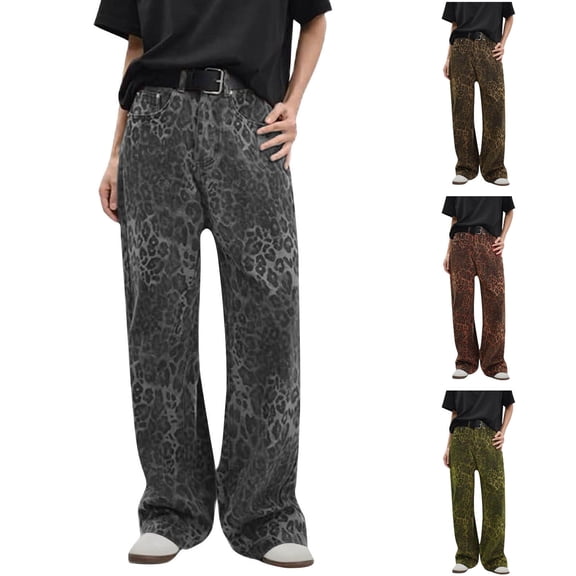 Dzrciro Denim Pants for Women, Mid Rise Full Length Leopard Printed Jeans with Pockets, Soft Y2k Vintage Streetwear Jeans S-2XL