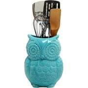MyGift Kitchen Storage Crock, Large Owl Design Cooking Utensil Holder, Aqua Blue Ceramic