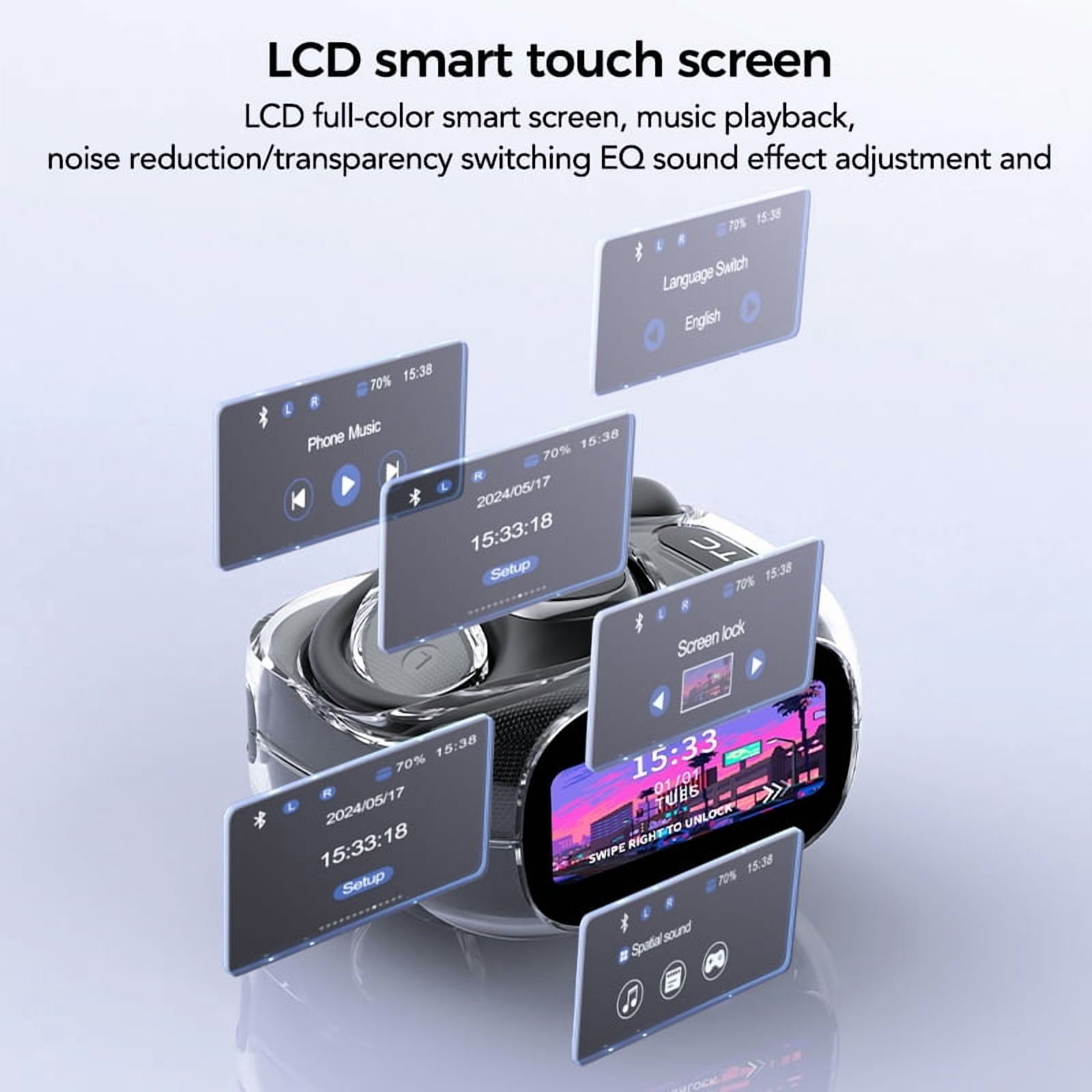 HTC NE11 Translation Bluetooth Earbuds with LED Touchscree Open Ear Earphones for Sports HD Stereo Sound Waterproof IPX5