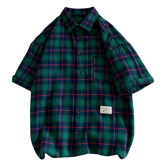 WREESH Men's Casual Button Down Shirts with Checkered Print Fashion Short Sleeve Plaid Top for Personalized Style Green