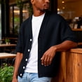 thumbnail image 6 of Shawl Collar Cardigan Sweaters for Men V Neck with Buttons Open Front Cardigan Textured Waffle Knit Short Sleeve Cardigans Relaxed Casual Classic Lightweight Plus Size Spring Outfits,Blue 3XL, 6 of 6