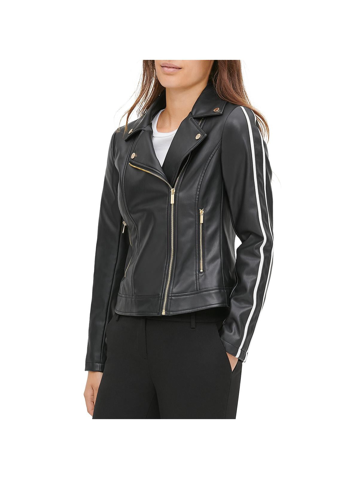 Calvin Klein Womens Faux Leather Winter Moto Coat Black XL 