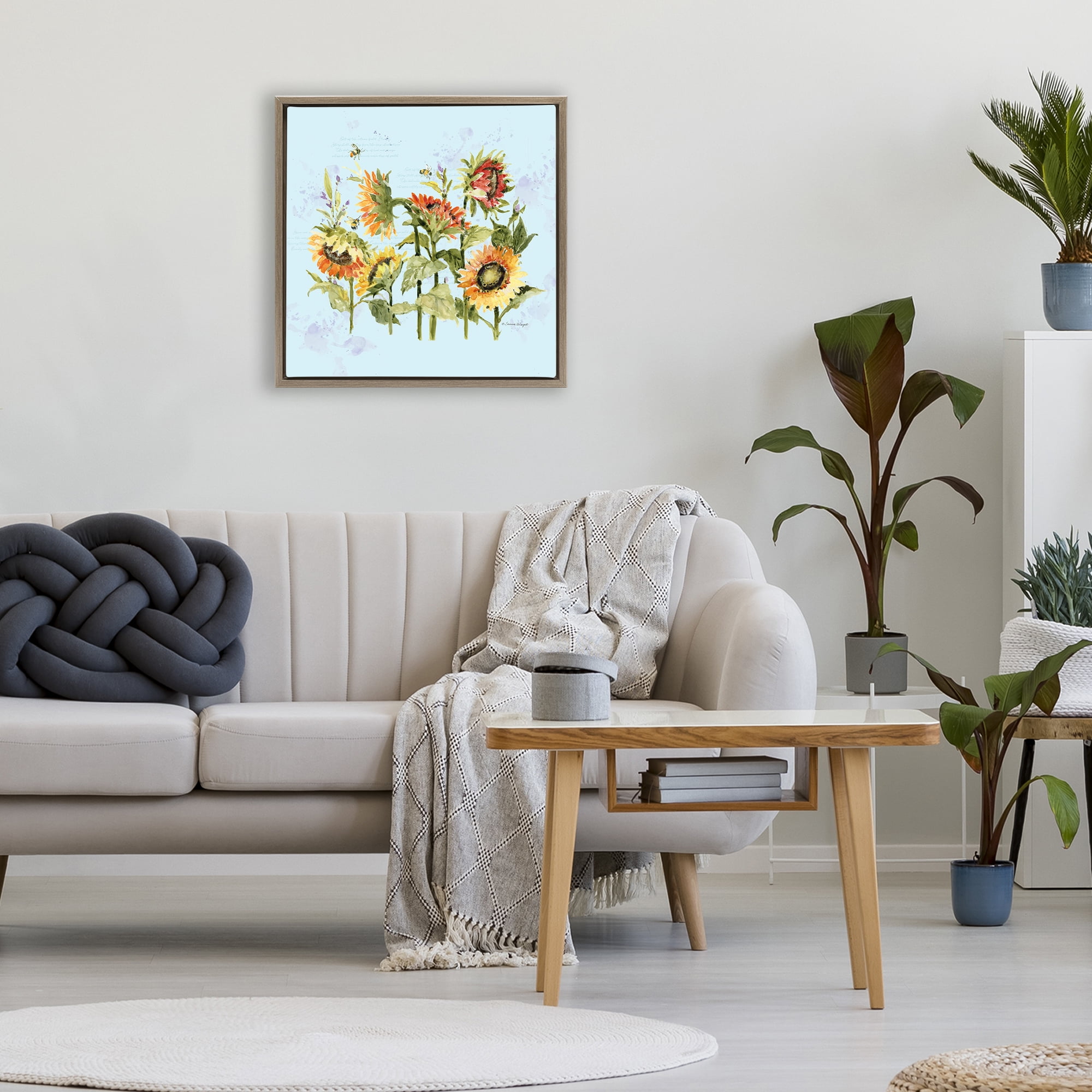 Stupell Industries Sunflowers & Bee on Blue Brown Framed Floater Canvas Wall Art, design by Susan Winget