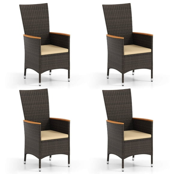 Costway Patio Rattan Chairs Set of 4 with High Backrest & Acacia Wood Armrests, Cushion