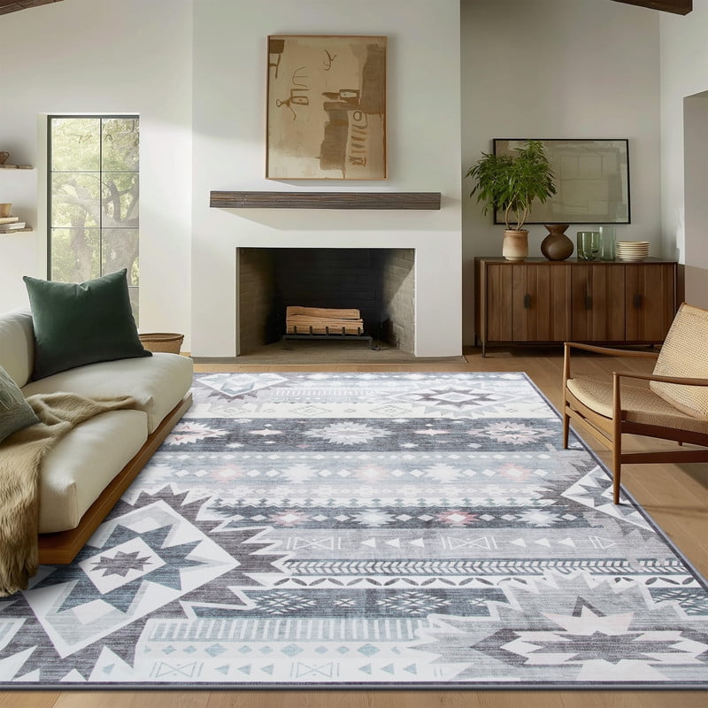 Jamfeel Area Rugs Boho Print Low Pile Washable Carpet Soft Non-slip Rug for Living Room Bedroom Kitchen 4'x6' Blue and Grey
