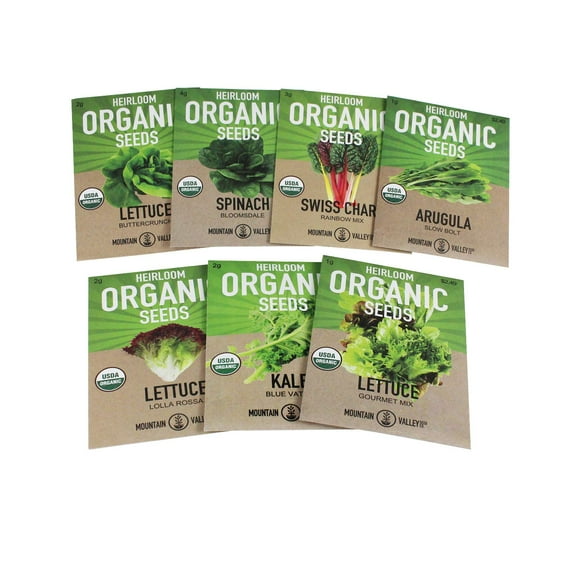 Organic, Heirloom, Non-GMO, Garden Seeds – 7 Varieties of Vegetable Leafy Power Greens – Arugula, Kale, Lolla Rossa Lettuce, Buttercrunch Lettuce, Gourmet Mix Lettuce, Spinach, Swiss Chard