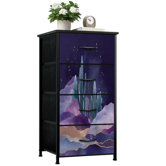 Dresser for Bedroom with 4 Storage Drawers Silvery Moonlight Stained Glass Featuring Celestial Glow Dressers Chest of Drawers Steel Framed Fabric Closet Organizers for Entryway Western Decor