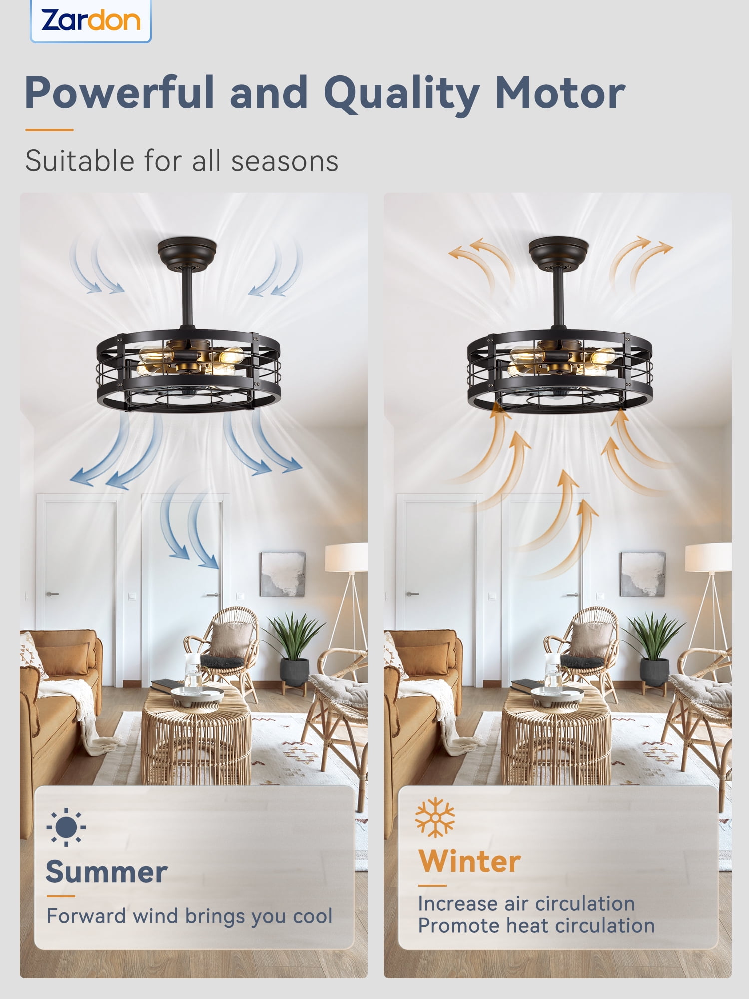 Zardon 18" Black Antique Caged Indoor Ceiling Fan with Pure Copper Motor, Dimmable LED Lights, Remote Control, 6 Speeds