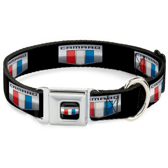 GM General Motors Pet Collar, Dog Collar Metal Seatbelt Buckle, Camaro Six Badge Black Silver Red White Blue, 11 to 16.5 Inches 1.0 Inch Wide