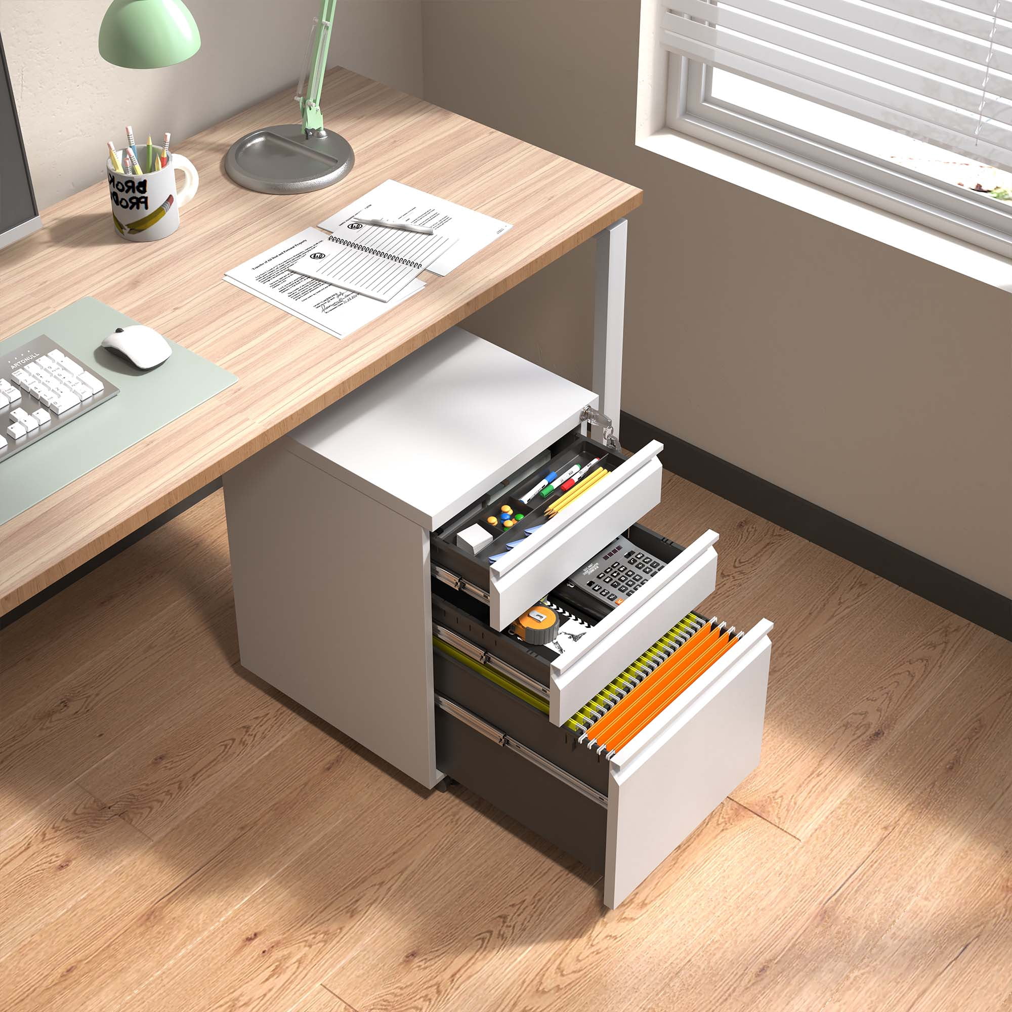 IKIMI 3 Drawer Metal Mobile File Cabinet Under Desk Vertical File Cabinet with Lock on Wheels Office Rolling Storage Cabinets for Legal/Letter/A4 File Fully Assembled