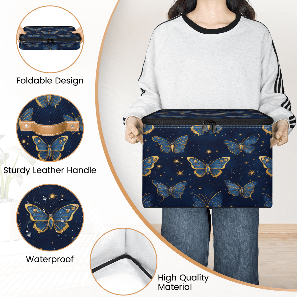 ADECORIVY Blue Gold Butterflies Storage Bin with Zipper Lid, Fabric Foldable Shelf Baskets Boxes, Closet Lidded Storage Bins, Decorative Clothes Organizer for Bedroom Home
