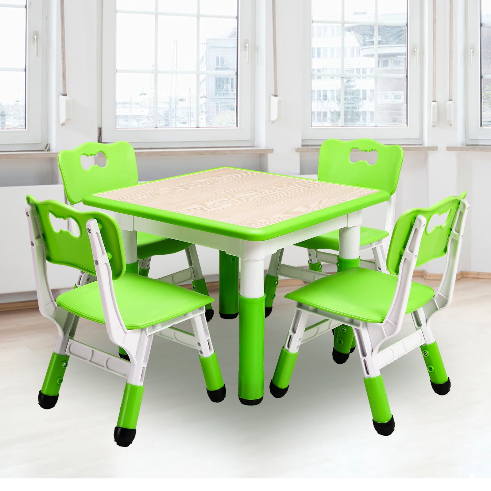 Kids Table and Chairs Set, Adjustable Height Toddler Table with 4 Chairs – Non-Slip, Foldable, Multifunctional Activity Desk for Ages 2-10
