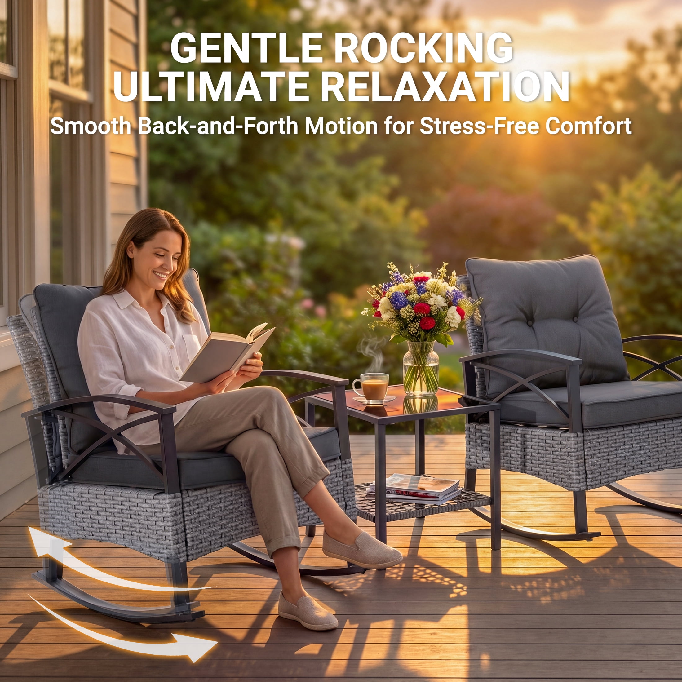 Patio Outdoor Furniture Set, 3PCS Rattan Wicker Rocking Chair Set Balcony Furniture, Steel Frame Patio Chairs with 2-Tier Coffee Table, Thick Seat Cushions and Pillows