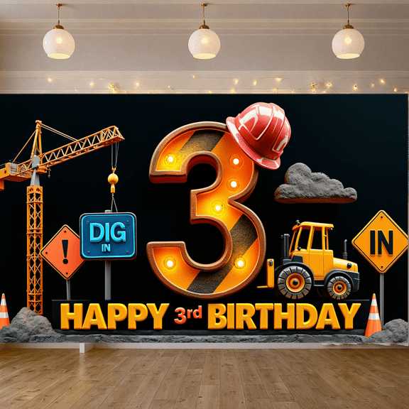 Colorful Design Banner Construction Theme Number 3 Decorative Sign for Kids Birthday Party Indoor Outdoor Event