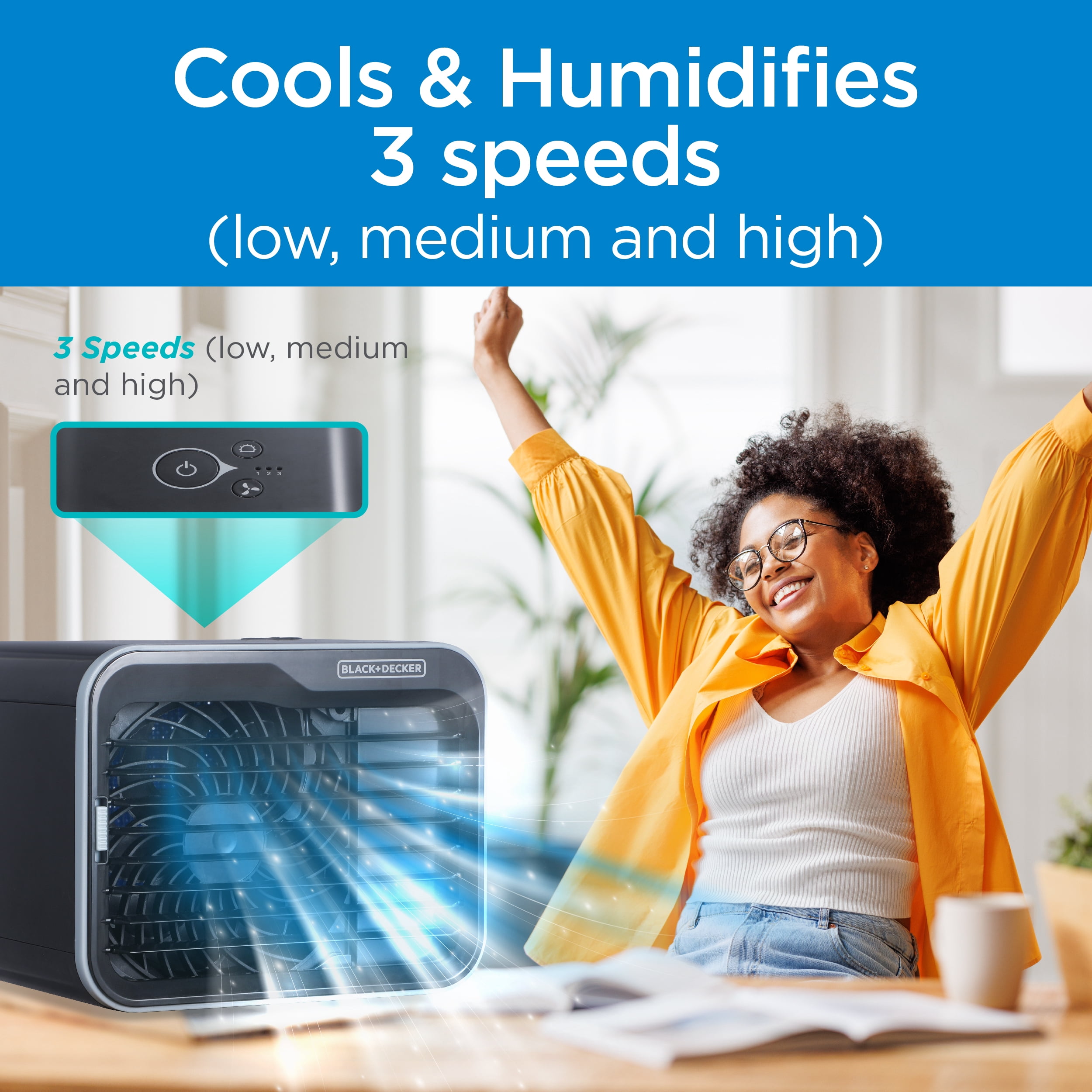 BLACK+DECKER Desktop Air Cooler, Personal Portable Fan with 3-Speeds, Evaporative Air Cooler with 0.5L Water Tank, Air Cooler Fan for Desk, Home, Office, Bedroom, and more, BDMC10B, Black