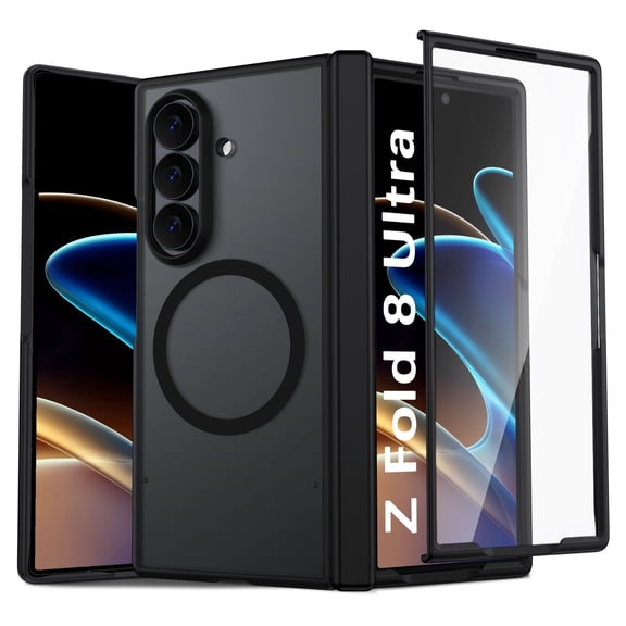DUEDUE Magnetic Case with Screen & Hinge Protection for Samsung Galaxy Z Fold 8 Ultra & Z fold 7, Frosted Translucent Slim Shockproof Cover with Tempered Glass Screen Protector, Black