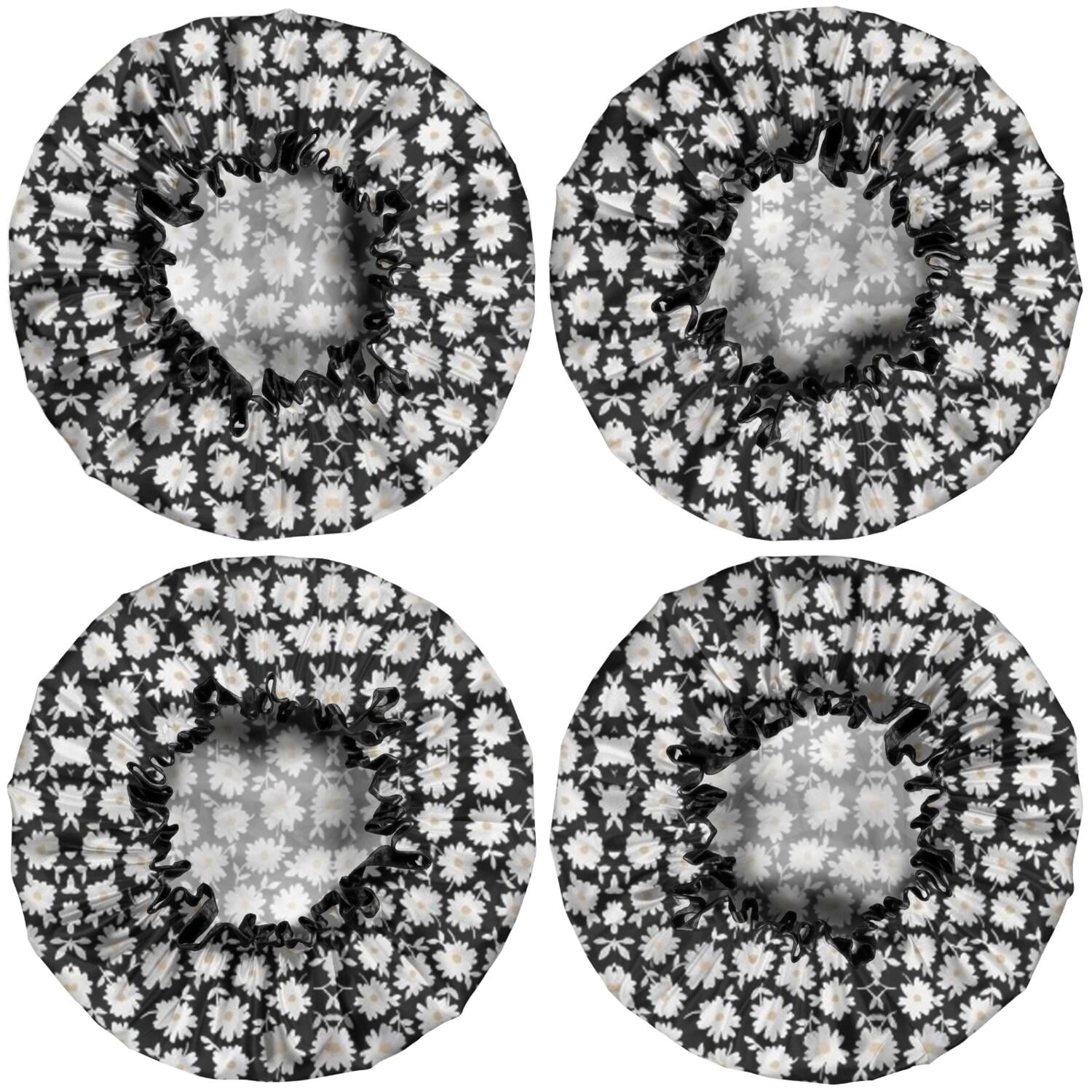 Shower Caps,Black Daisy Flower Pattern Waterproof Shower Cap for Women 4 Pieces,Double Reusable Hair Cover for Shower PEVA Elastic Stretch Hem